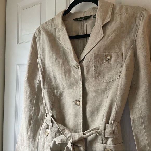 Eddie Bauer 100% linen khaki belted button up blazer blouse size 8 petite - Picture 3 of 10